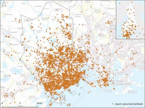Espoon kartta. Pisteet esittävät nuorten usein vierailemia paikkoja.