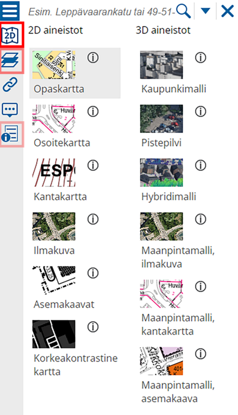 Skärmdump av ikonerna till anvisningarna till vänster i Esbo kartjänst.