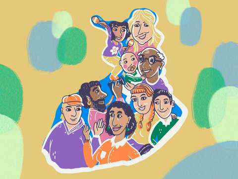 Suomen kartan sisältä tervehtii useita ihmisiä.