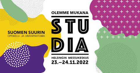 Olemme mukana Suomen suurimmassa opiskelu- ja uratapahtumassa Studia -messuilla. Messut Messukeskuksessa 23.-24.11.2022