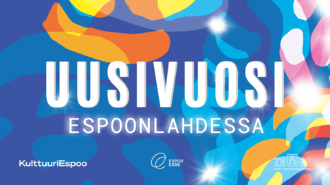 Uusivuosi Espoonlahdessa -teksi. Värikkäitä elementtejä. KulttuuriEspoo, Espoo ja Espoo 50 -tunnukset.