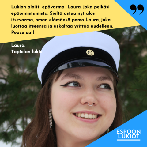 Kuvassa nuori nainen ylioppilaslakki päässään hymyilee ja katsoo kaukaisuuteen. Kuvan sivuissa on värikkäät viuhkat sekä lyhyt sitaatti haastattelusta.