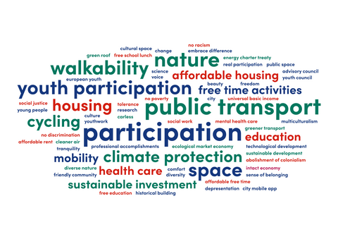 Participation, public transport, youth participation, walkability, nature, climate protection, space, housing, affordable housing, health care, free time activities.