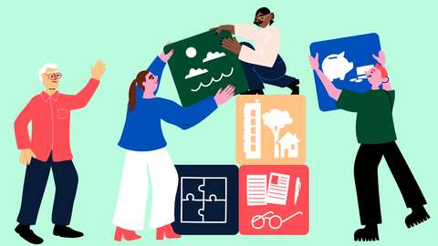 Piirroskuvassa neljä hahmoa rakentamassa yhdessä isoja palikoita.