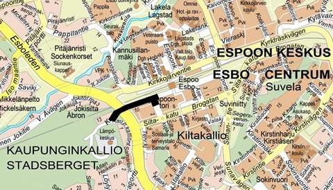 Suunnittelualue on merkitty opaskarttaotteeseen mustalla viivalla.