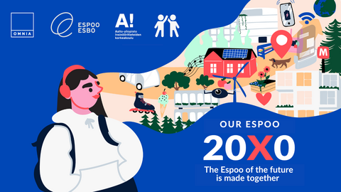 a young woman wearing headphones and visioning a good future for Espoo, decorative animated photo.