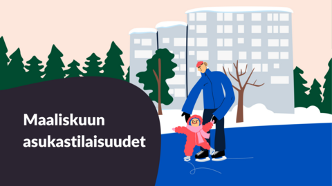 Isä ja lapsi luistelemassa kaupunkimaisemassa, piirroskuva.