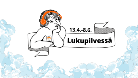 Lukupilvessä-tapahtuman tunnus. E-kirjaa kuulokkeilla kuunteleva enkeli pilvien keskellä