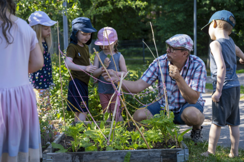 Päiväkodin työntekijä hoitaa viljelylavaa lasten kanssa päiväkodin pihalla.