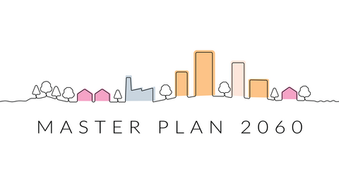 Text Master Plan 2060 and line drawing of the city's silhouette.