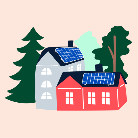 Piirroskuva, jossa on kaksi taloa ja niiden katolla aurinkopaneelit.