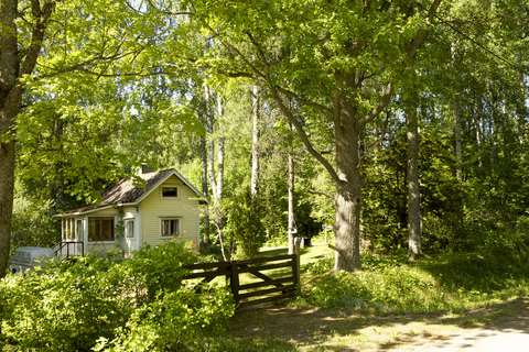 Behind the gate, a yellow cottage surrounded by trees and bushes with green leaves.