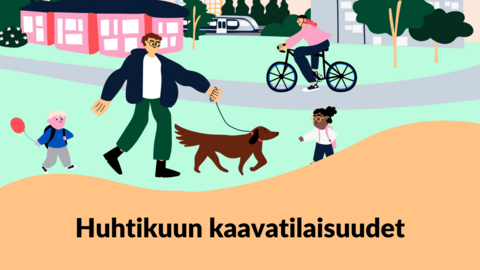 Ihmisiä ulkoilemassa keväisessä maisemassa, piirroskuva.