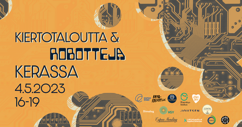 Sinapinkeltainen, virtapiireillä koristeltu kuva tapahtuman tiedoilla.