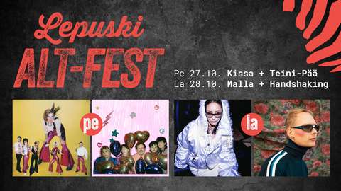 Esiintyjäkuvat Lepuski Alt-Fest-tunnuksella ja konserttipäivämäärillä