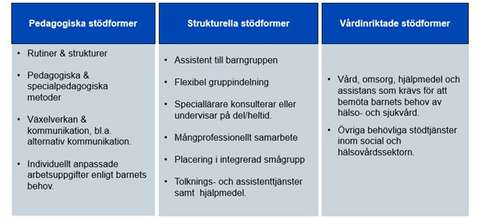 Inom dessa stödnivåer används olika pedagogiska, strukturella och vårdinriktade stödformer då stödet ordnas för barnet: 