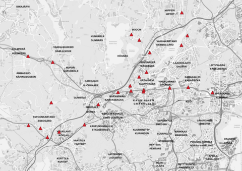 Kartta satavuotta vanhoista kilometripylväistä, jotka ovat vaalittavia kulttuurikohteita.