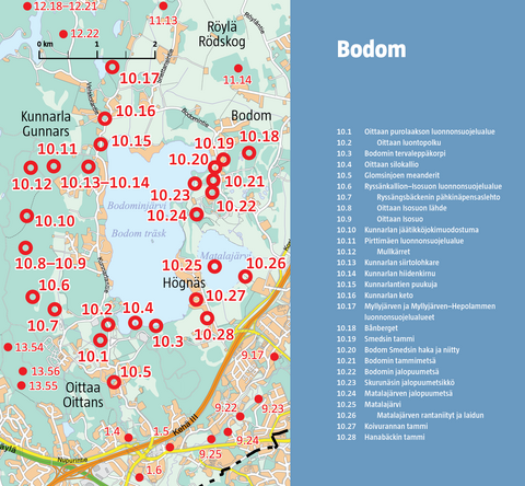 Kartta Bodomin alueen luontokohteista.