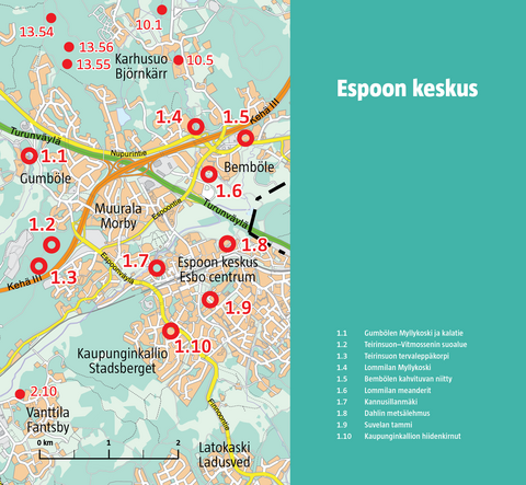 Espoon keskuksen luontokohteet kartalla
