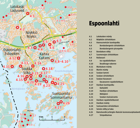 Espoonlahden luontokohteet kartalla.
