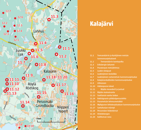 Kartta Kalajärven alueen luontokohteista