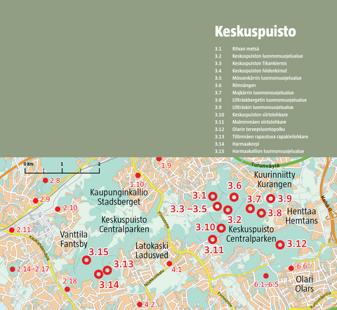 Keskuspuiston luontokohteet kartalla.