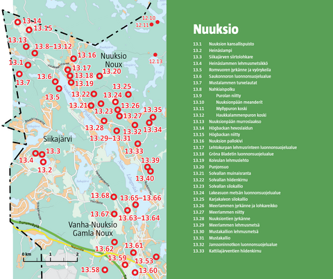 Kartta Nuuksion alueen luontokohteista.