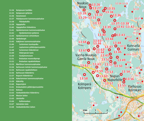 Kartta Nuuksion alueen luontokohteista.