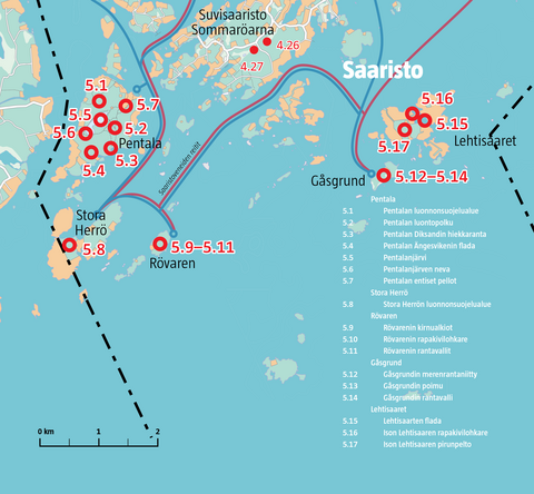 Saariston luontokohteet kartalla.