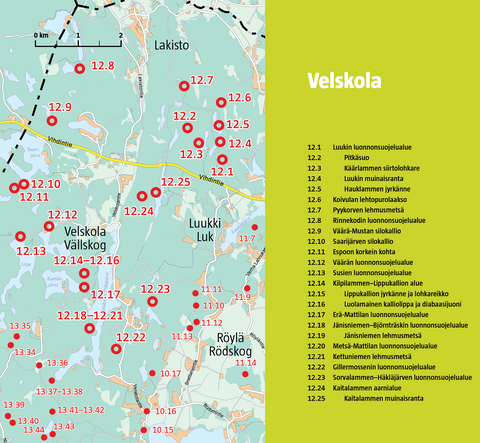 Kartta Velskolan alueen luontokohteista