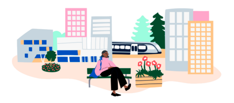 Piirroskuvassa henkilö istuu penkillä kaupunkimaiseman edessä.