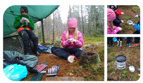 Kuvakollaasissa lapsia metsäretkellä tekemässä eväitä ja muovailemassa savitöitä.