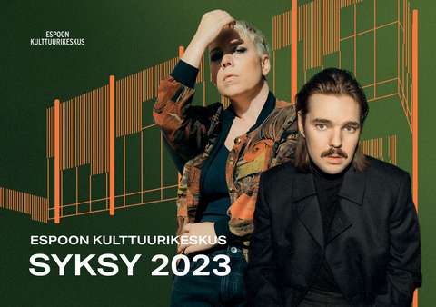 Espoon kulttuurikeskuksen syksyn 2023 kausiesitteen kansi, missä kulttuurikeskuksen siluetti sekä muusikot Aili Järvelä ja Arppa.