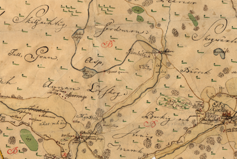 Kartta, jossa on ote Fonseenin pitäjänkartasta 1750. 