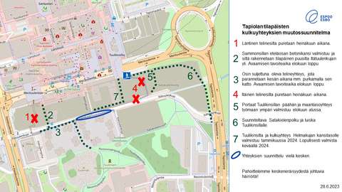 Kartta, jossa näkyvät suunnitellut uudet liikennejärjestelyt