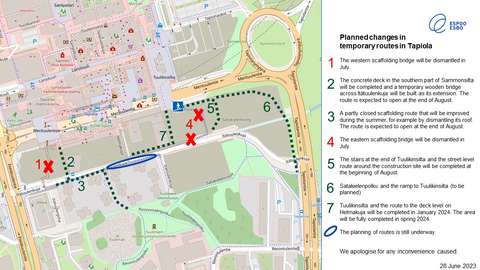 The map shows the planned new temporary traffic arrangements in Tapiola.