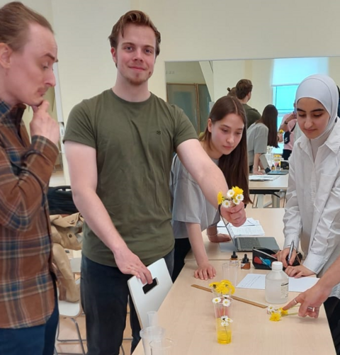 Students around table dyeing white flowers yellow