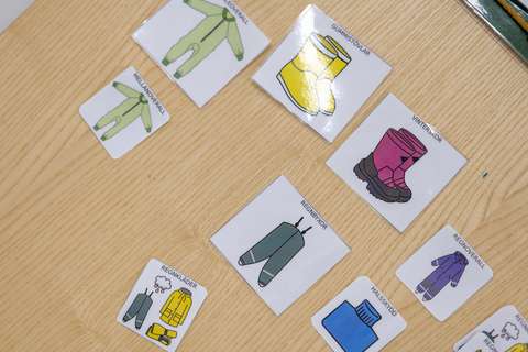 På bilden finns små illustrerade kort med olika utekläder på. 