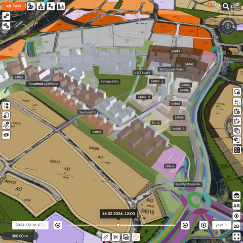 Digitaalisen kaupunkitietomallin näkymä Keran alueesta ja sinne suunnitelluista uusista kaduista ja rakennuksista.