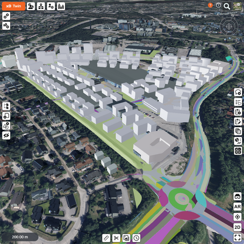Satelliittikuva Keran alueesta, jonka päälle on piirretty kaupunkitietomallilla suunnitelmia alueen tulevista rakennuksista. 