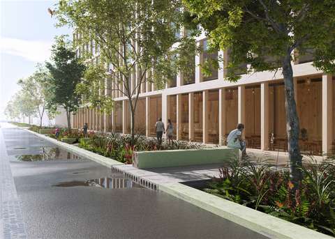 Illustration av lösningsförslaget Keran urbaani vihreä. Illustrationerna visar gatuvyer, människor som går omkring och sitter samt gröna gatuplanteringar.