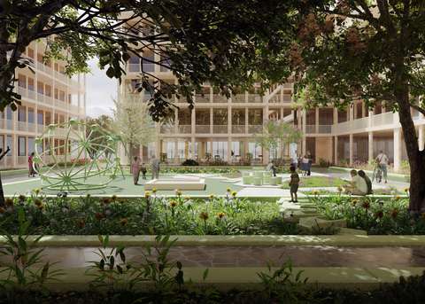 Illustration av konceptet Keran urbaani vihreä. Illustrationerna visar en grön kvartersgård samt människor som går, sitter och leker. Pelare från Kerahallarna bildar kanterna runt den grönskande regnträdgården på kvartersgården.