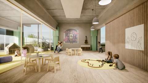 Illustration av lösningsförslaget Nextille Levelille. Illustrationerna visar daghemmets inomhusutrymmen och lekande barn.