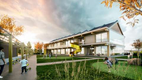 Illustration av konceptet Nextille Levelille. Illustrationerna visar en vy från daghemmet utifrån: en byggnad med träfasad och två våningar, en grön gård och lekande barn.