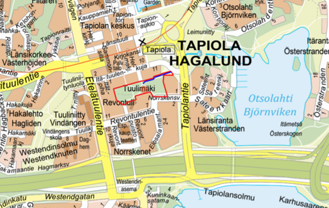 Opaskarttaan on merkitty suunnittelualue punaisella viivalla.