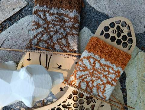 Kuvassa on kaksi neulottua villasukan vartta ja etualalla ylhäältä päin kuvattuna pieni valkoinen karhupatsas.