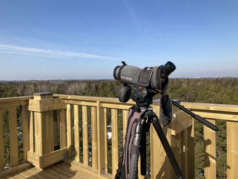 Kaukoputki korkeassa lintutornissa, taustalla metsämaisemaa