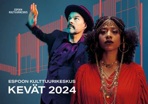 Espoon kulttuurikeskuksen kevään kausiesitteen kansi, kuvassa laulajat Emilia Sisco ja Tuure Kilpeläinen.