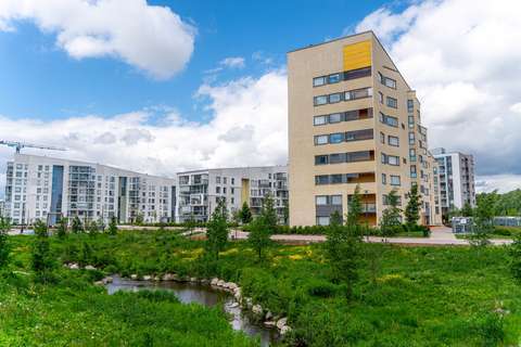 Etualalla viheraluetta ja puro, taustalla kerrostaloja.