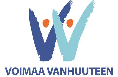 Kuvassa on sinisellä teksti voimaa vanhuuteen sekä kahdesta sinisävyisestä v-kirjaimesta muodostuva logo.
